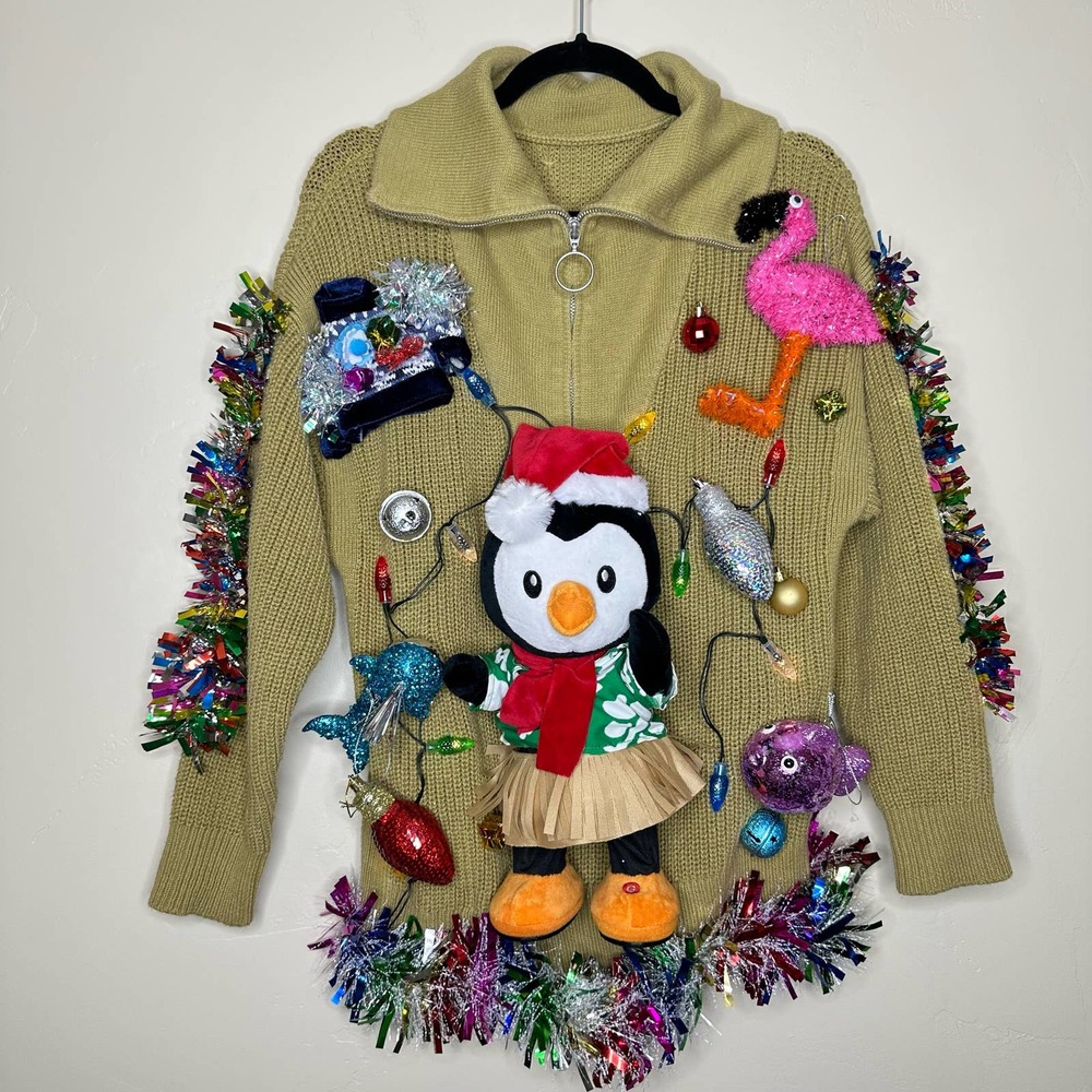 Ugly Christmas Sweater Olive Green Novelty Penguin & Flamingo Ornament Sweater